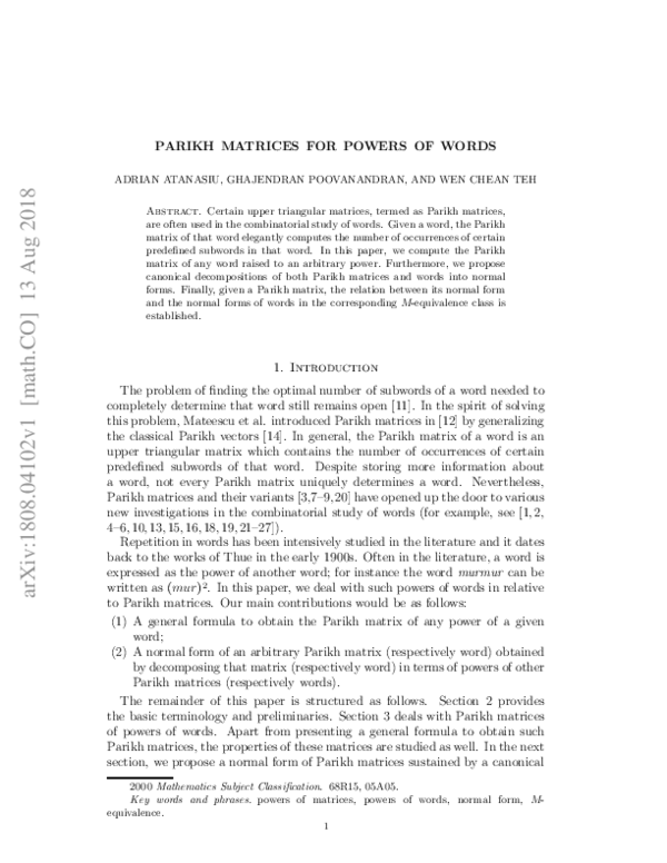 (PDF) Parikh matrices for powers of words