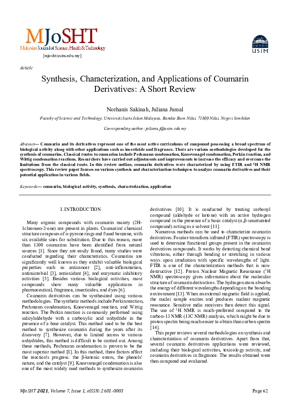 (PDF) Synthesis, Characterization, and Applications of Coumarin ...