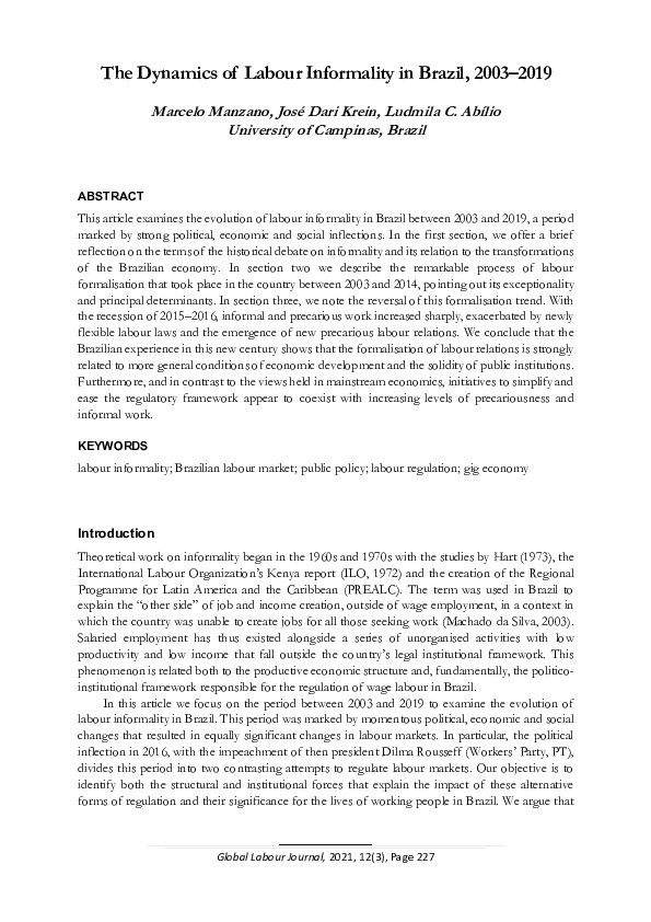(PDF) The Dynamics of Labour Informality in Brazil, 2003-2019