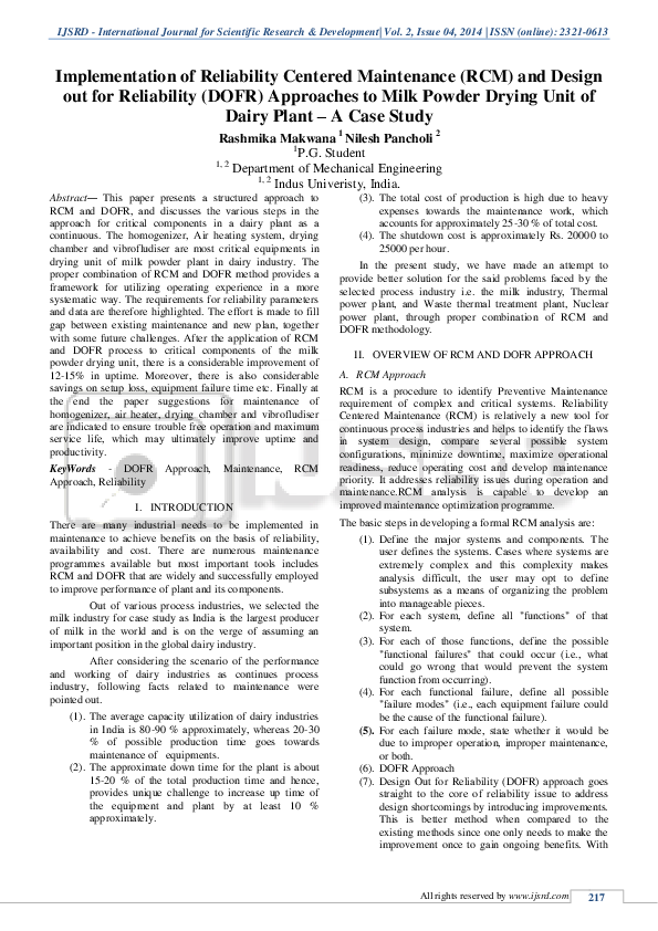(PDF) Implementation of Reliability Centered Maintenance (RCM) and ...