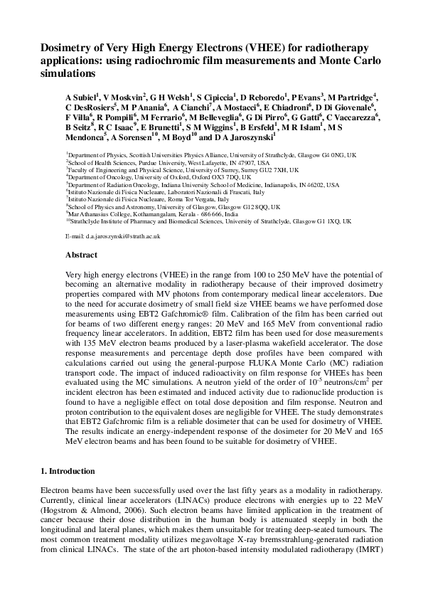 (PDF) Dosimetry of very high energy electrons (VHEE) for radiotherapy ...