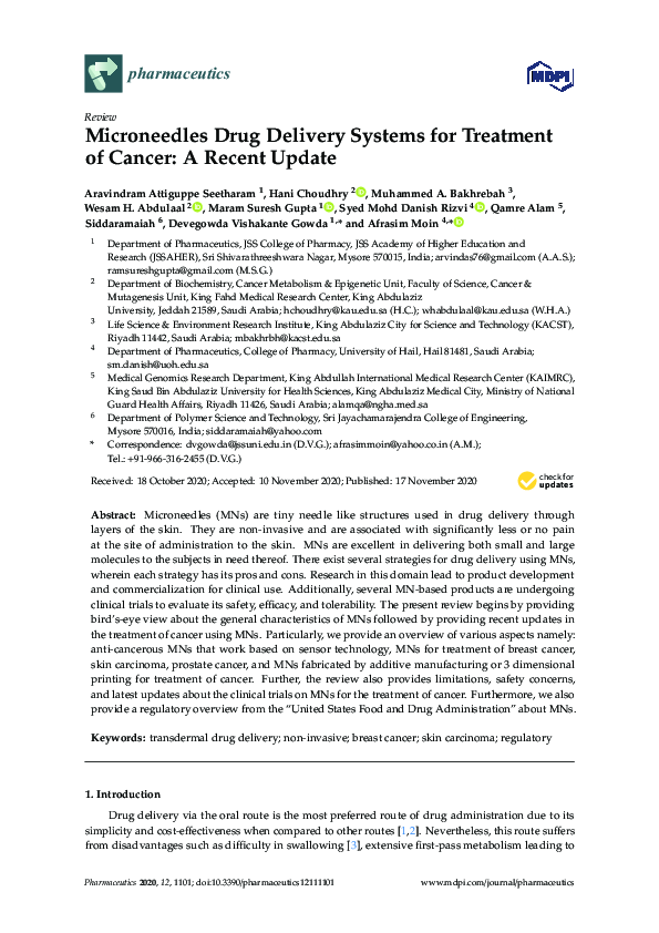 (PDF) Microneedles Drug Delivery Systems for Treatment of Cancer: A ...