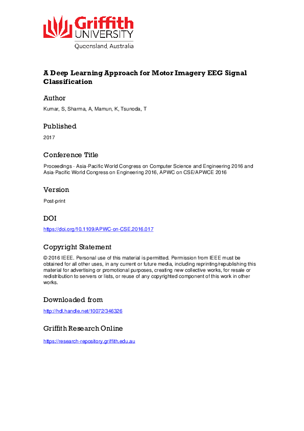 (PDF) A Deep Learning Approach for Motor Imagery EEG Signal Classification