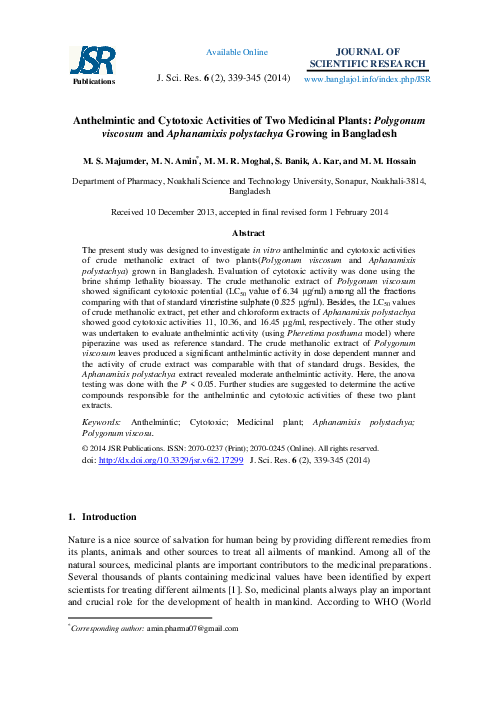 (PDF) Anthelmintic and Cytotoxic Activities of Two Medicinal Plants ...