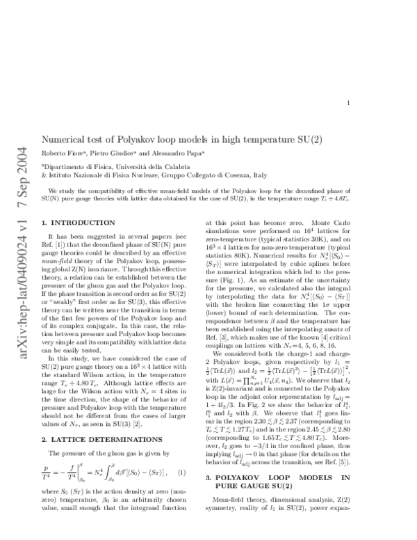 (PDF) Numerical test of Polyakov loop models in high temperature SU(2)