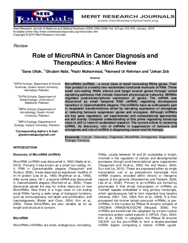 (PDF) Role of MicroRNA in Cancer Diagnosis and Therapeutics: A Mini Review