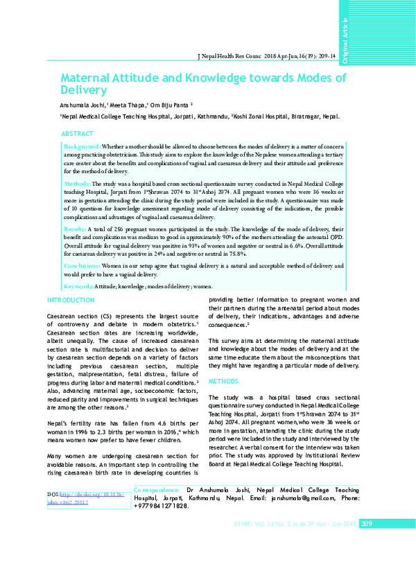 (PDF) Maternal Attitude and Knowledge towards Modes of Delivery