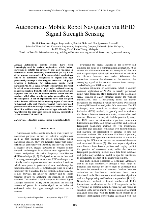 (PDF) Autonomous Mobile Robot Navigation via RFID Signal Strength Sensing