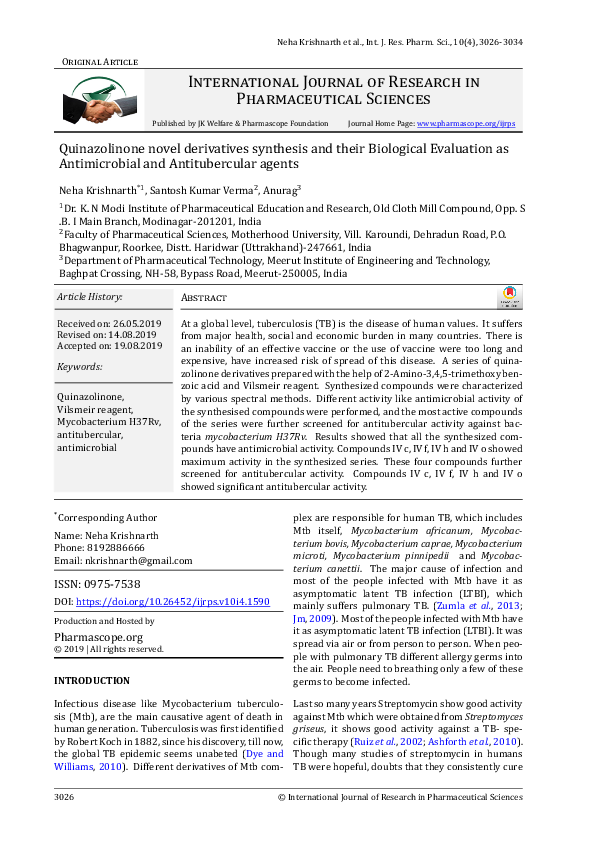 (PDF) Quinazolinone novel derivatives synthesis and their Biological ...
