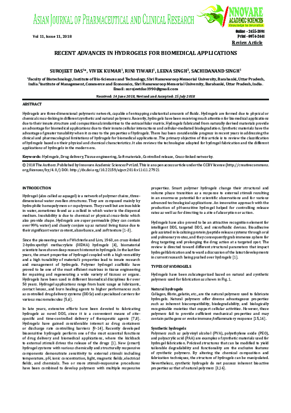 (PDF) Recent Advances in Hydrogels for Biomedical Applications