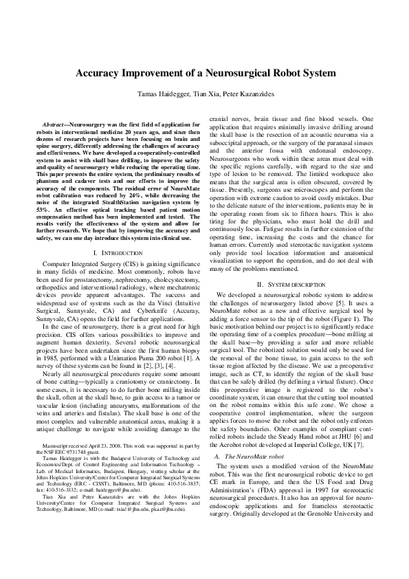 (PDF) Accuracy improvement of a neurosurgical robot system