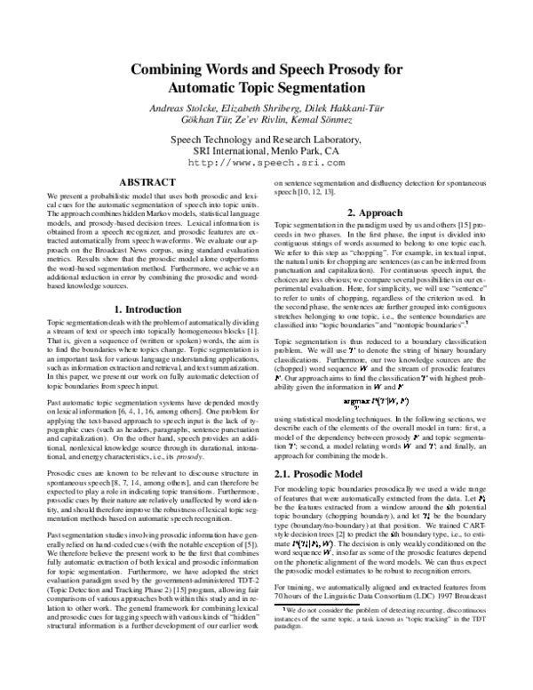 (PDF) Combining words and speech prosody for automatic topic segmentation