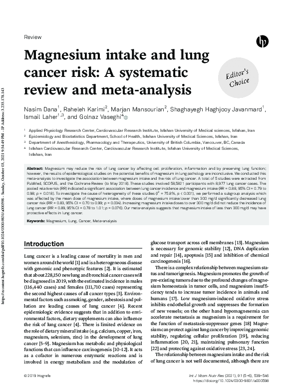 (PDF) Magnesium intake and lung cancer risk: A systematic review and ...