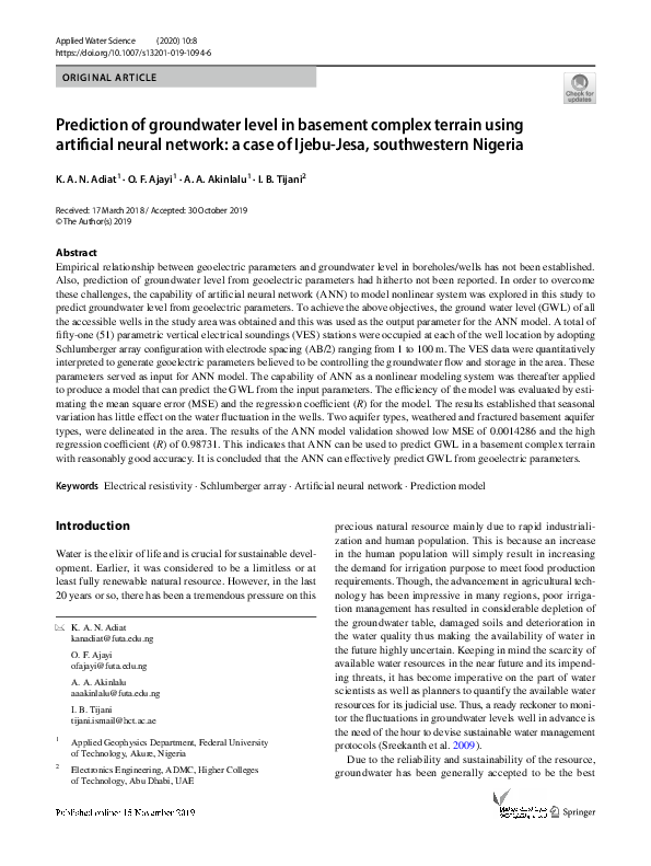 (PDF) Prediction of groundwater level in basement complex terrain using ...