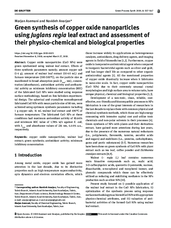 (PDF) Green synthesis of copper oxide nanoparticles for biological ...