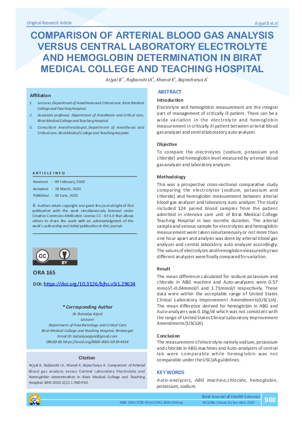 (PDF) Comparison of Arterial Blood Gas Analysis versus Central ...