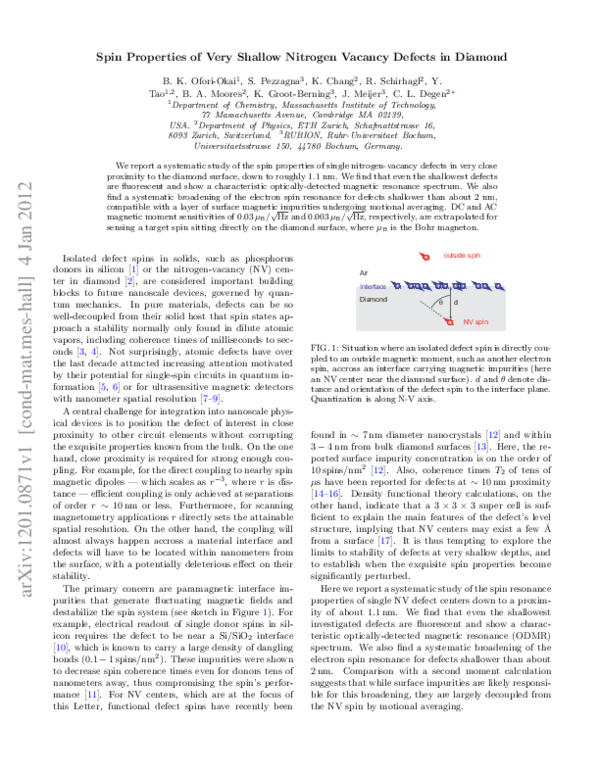 (PDF) Spin properties of very shallow nitrogen vacancy defects in diamond