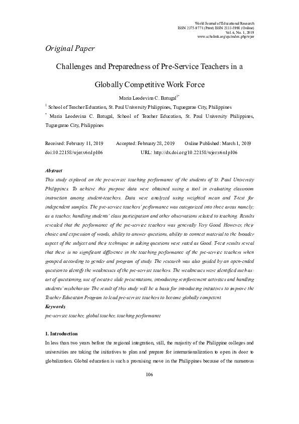 (PDF) Challenges and Preparedness of Pre-Service Teachers in a Globally ...