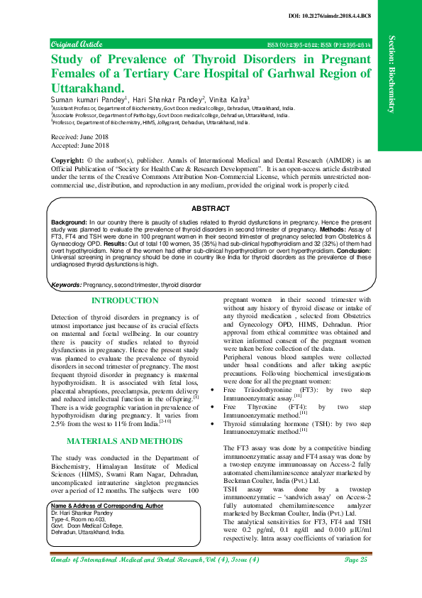 (PDF) Study of Prevalence of Thyroid Disorders in Pregnant Females of a ...