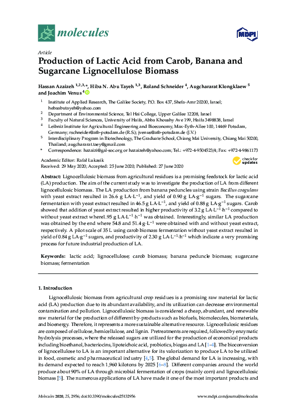 (PDF) Production of Lactic Acid from Carob, Banana and Sugarcane ...