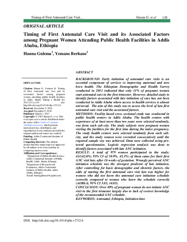 (PDF) Timing of first antenatal care visit and its associated factors ...