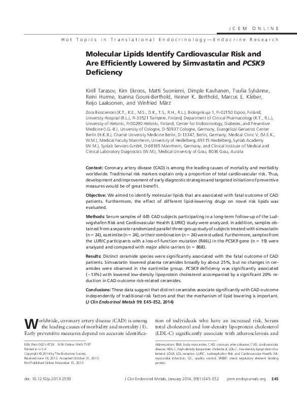 (PDF) Molecular Lipids Identify Cardiovascular Risk and Are Efficiently ...