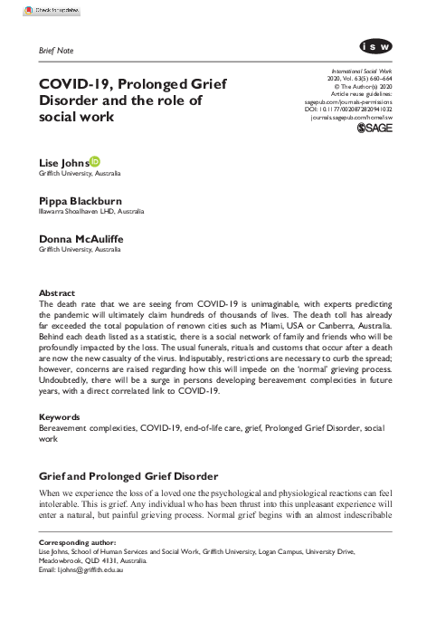 (PDF) COVID-19, Prolonged Grief Disorder and the role of social work