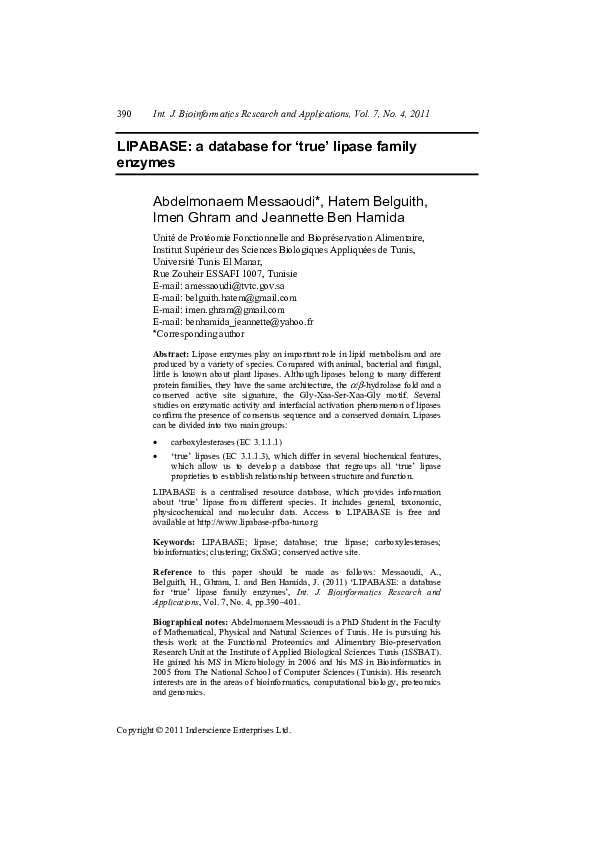 (PDF) LIPABASE a database for 'true' lipase family enzymes