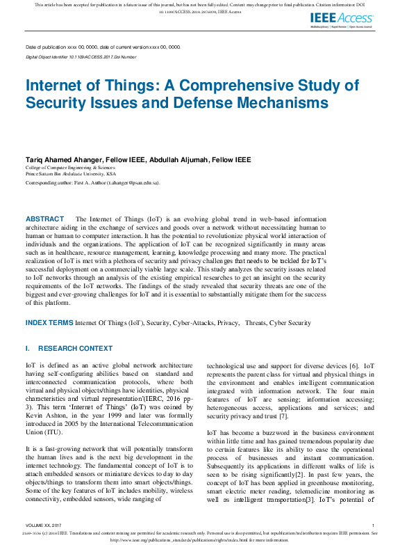 (PDF) Internet of Things: A Comprehensive Study of Security Issues and ...