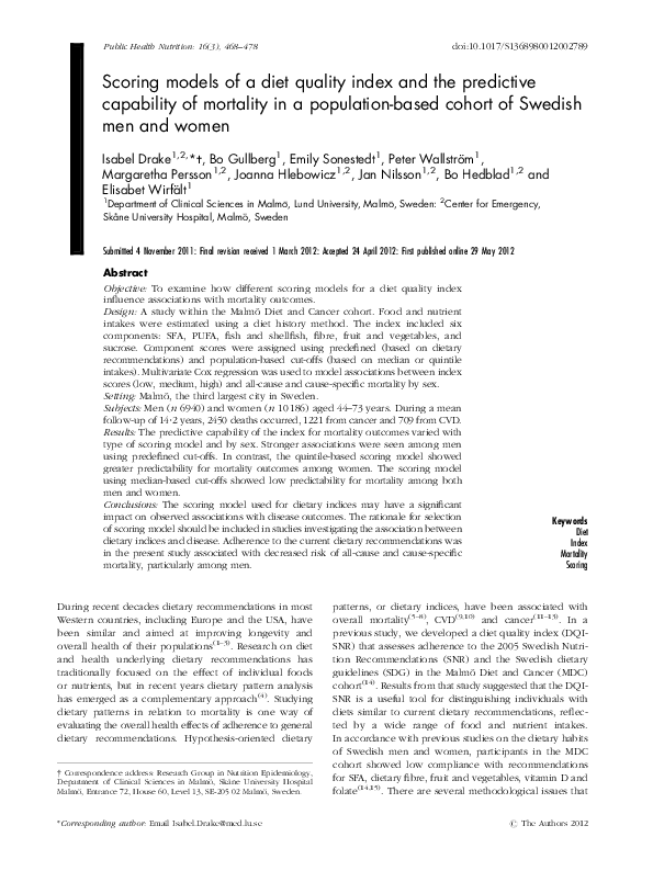 (PDF) Scoring models of a diet quality index and the predictive ...
