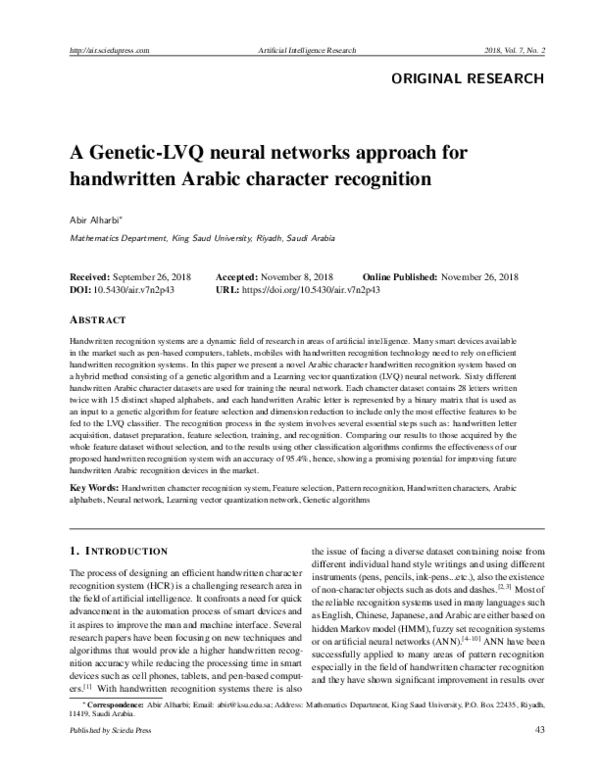 (PDF) A Genetic-LVQ neural networks approach for handwritten Arabic ...