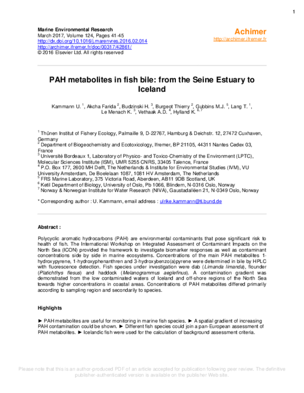 (PDF) PAH metabolites in fish bile: From the Seine estuary to Iceland