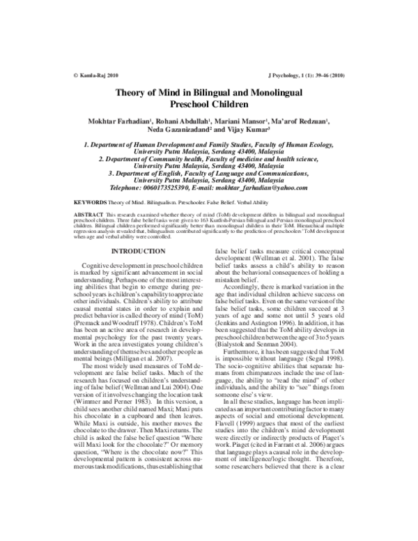 (PDF) Theory of Mind in Bilingual and Monolingual Preschool Children