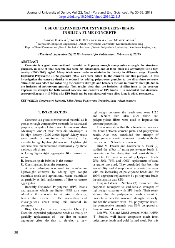 (PDF) Use of Expanded Polystyrene (Eps) Beads in Silica-Fume Concrete