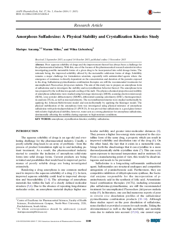 (PDF) Amorphous Sulfadoxine: A Physical Stability and Crystallization ...
