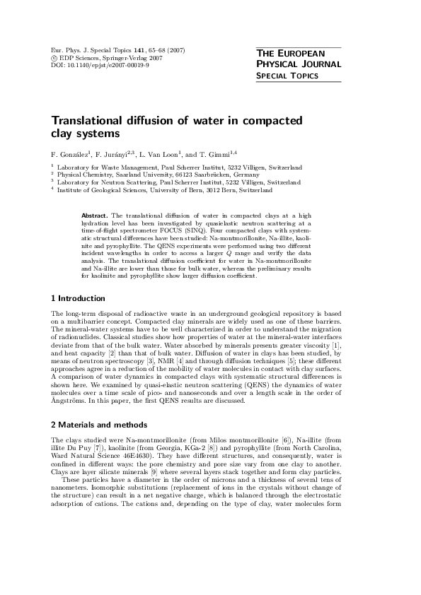 (PDF) Translational diffusion of water in compacted clay systems
