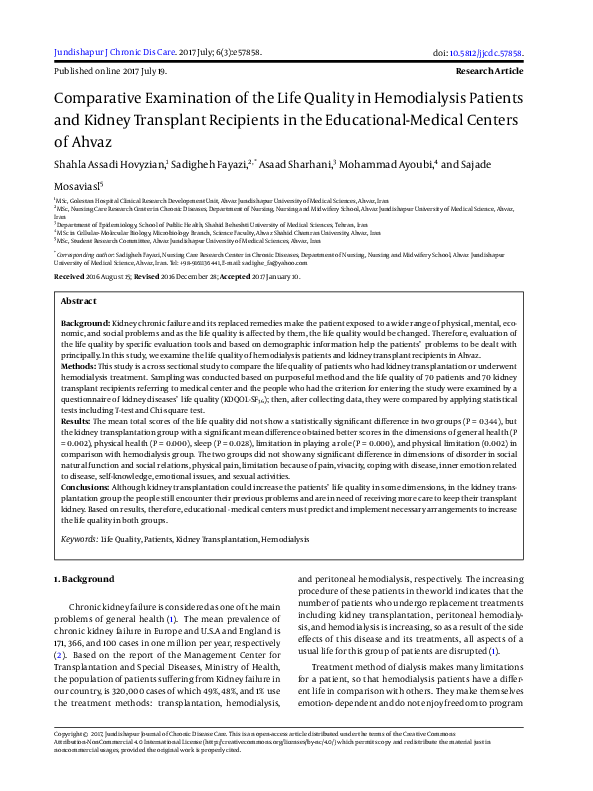 (PDF) Comparative Examination of the Life Quality in Hemodialysis ...