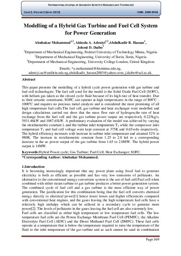 (PDF) Modelling of a Hybrid Gas Turbine and Fuel Cell System for Power ...