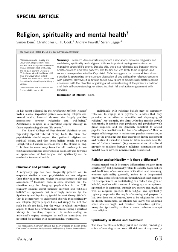 (PDF) Religion, spirituality and mental health