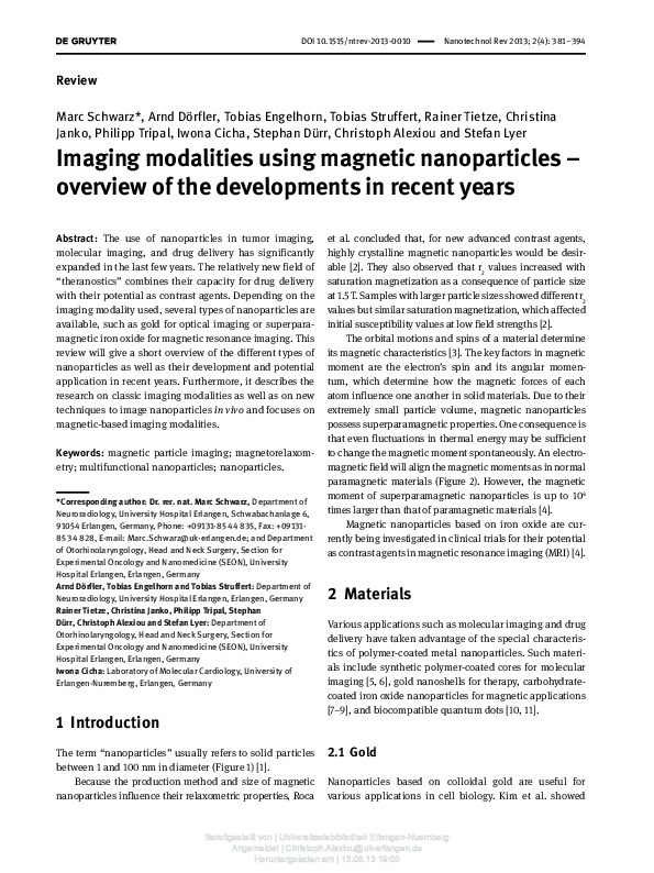 (PDF) Imaging modalities using magnetic nanoparticles – overview of the ...