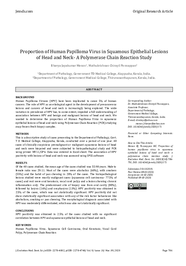 (PDF) Proportion of Human Papilloma Virus in Squamous Epithelial ...