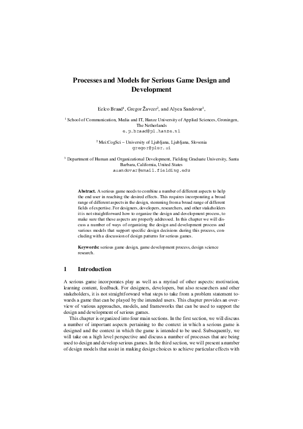 (PDF) Processes and Models for Serious Game Design and Development