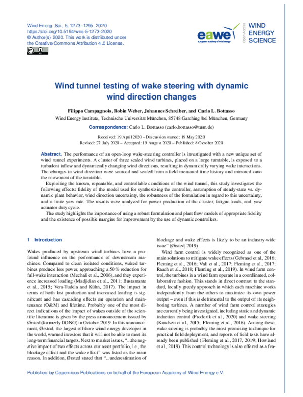 (PDF) Wind tunnel testing of wake steering with dynamic wind direction ...