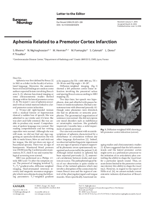 (PDF) Aphemia Related to a Premotor Cortex Infarction