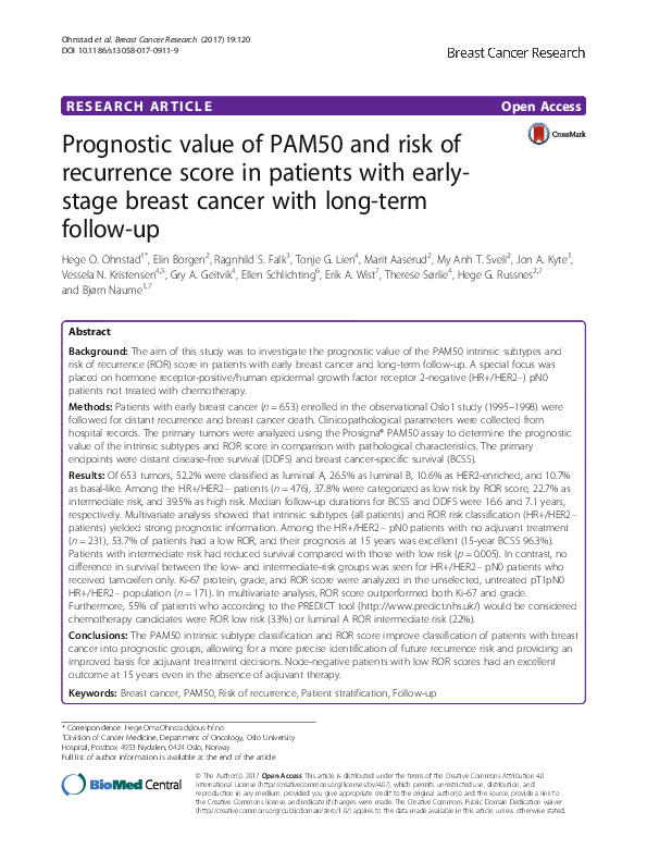 (PDF) Prognostic value of PAM50 and risk of recurrence score in ...