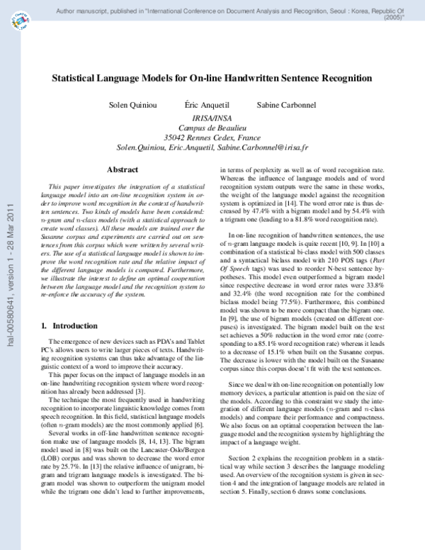 (PDF) Statistical language models for on-line handwritten sentence ...