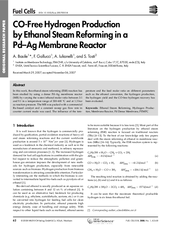 (PDF) CO-free hydrogen production by ethanol steam reforming in a Pd-Ag ...