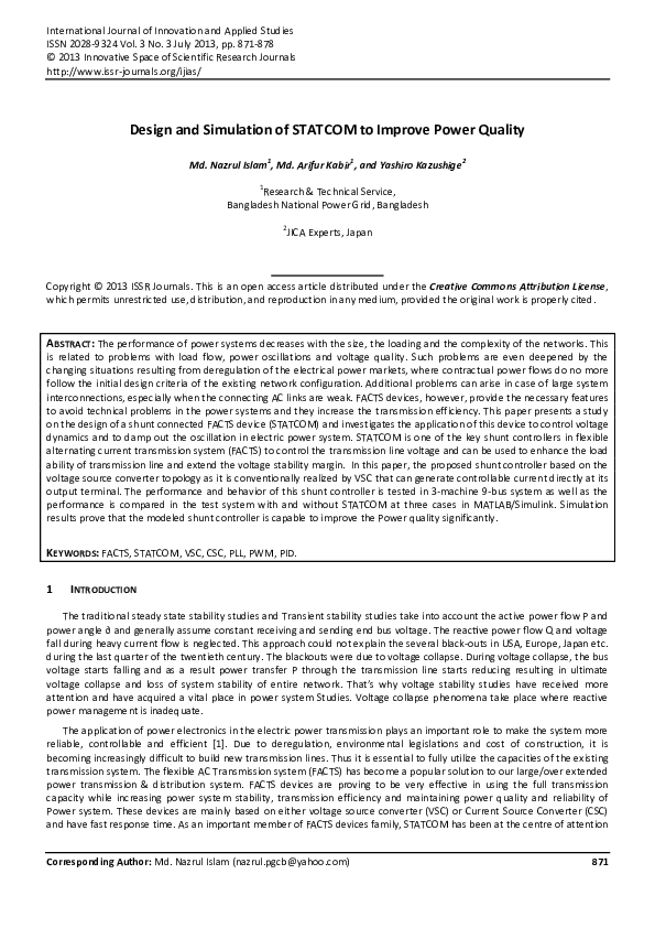 (PDF) Design and Simulation of STATCOM to Improve Power Quality
