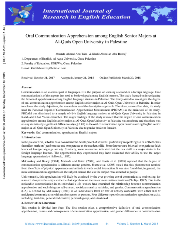 (PDF) Oral Communication Apprehension among English Senior Majors at Al