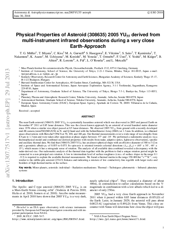(PDF) Physical properties of asteroid 308635 (2005 YU 55 ) derived from ...